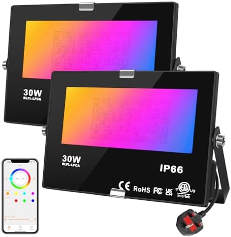 LED Flood Lights RGB Colour Changing 300W Equivalent Outdoor,30W Bluetooth RGBW Smart Floodlight APP Control, IP66 Waterproof, Timing, 2700K & 16 Million Colours for Garden Stage,2 Pack,DUSKTEC