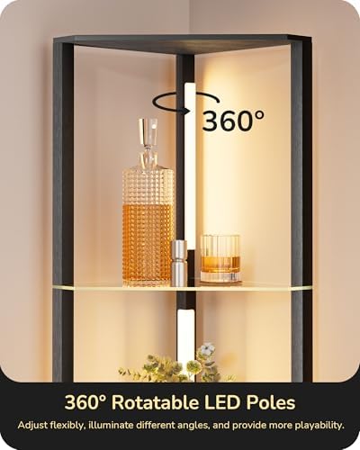 EDISHINE LED Floor Lamps with Glass Shelves, 4 Layers Wood Dimmable Standing Lamp, 360° Rotatable Poles, Corner Floor Lamps for Living Room Bedroom Office, Black