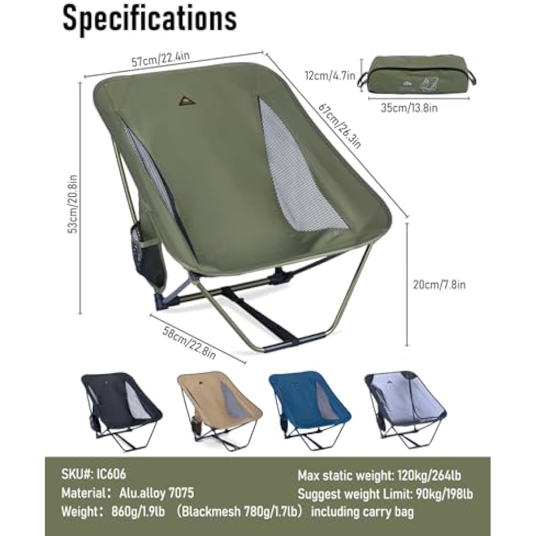iClimb Low Ultralight Compact Camping Folding Chair with Side Pocket and Carry Bag (Green)