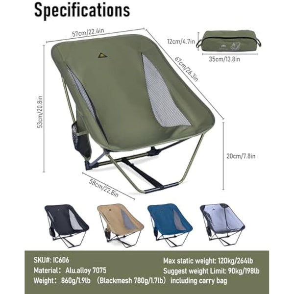 iClimb Low Ultralight Compact Camping Folding Chair with Side Pocket and Carry Bag (Green)