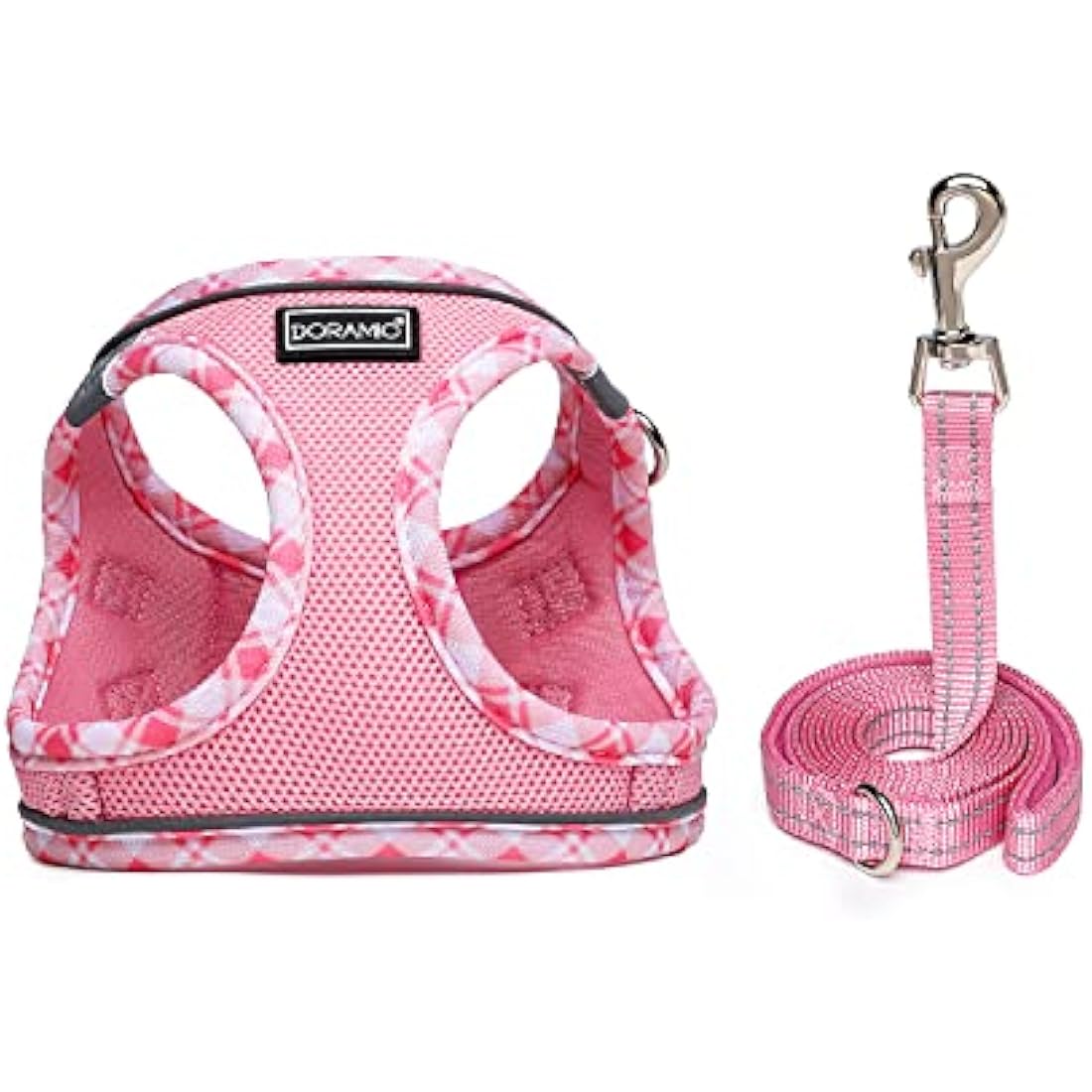 DORAMIO Step-in Dog Harness and Leash Set, Soft Mesh No-Chock Reflective Breathable Easy Walk Lightweight Vest Harnesses with Safety Buckle for Small Dogs, Cats, Puppies (Pink, XL)