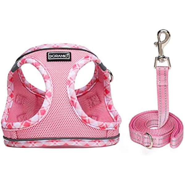 DORAMIO Step-in Dog Harness and Leash Set, Soft Mesh No-Chock Reflective Breathable Easy Walk Lightweight Vest Harnesses with Safety Buckle for Small Dogs, Cats, Puppies (Pink, XL)