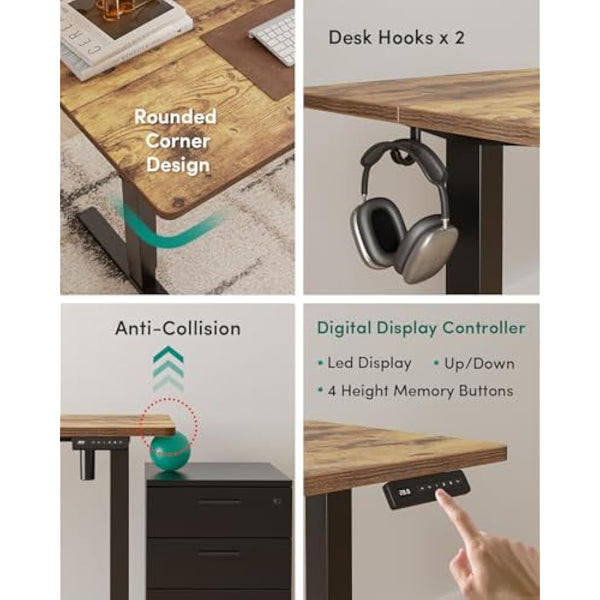 FEZIBO Electric Height Adjustable Standing Desk with digital display control panel, 60x100cm Ergonomic Home Office Table for sit stand with Splice Board & Rustic Wood Grain Surface