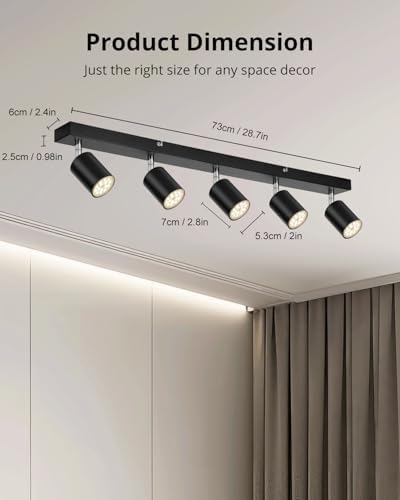 Gr4tec LED Ceiling Light 5 Way, Black Kitchen Ceiling Lights Including 5 x 6W GU10 Bulbs Natural White 4000K, Rotatable Spotlights Bar, Modern Spot Light Fitting for Living Room Bedroom Hallway