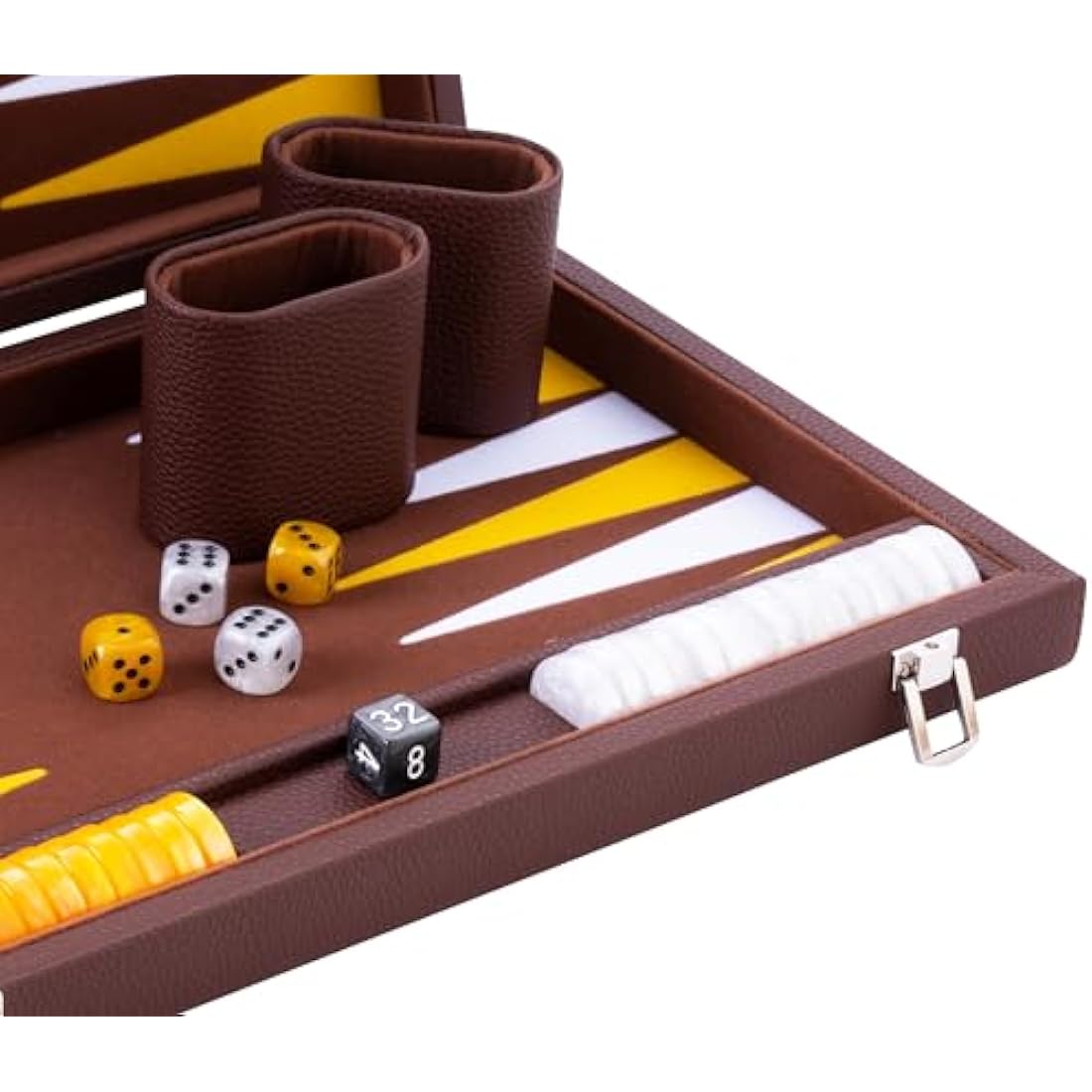 Engelhart - 250520 - Luxury Backgammon Set 15" - faux leather exterior, interior special felt inlay - pearly dice and token - 2 tumblers