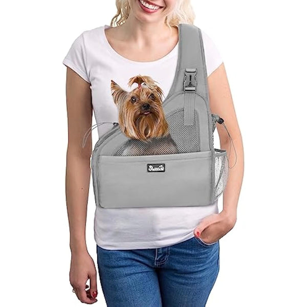 Eyein Pet Puppy Sling Carrier, Up to 6 lbs Hand Free Cat Dog Papoose, Hard Bottom Support Small Animal Travel Tote Bags with Breathable Mesh Adjustable Padded Strap Safety Belt Machine Washable