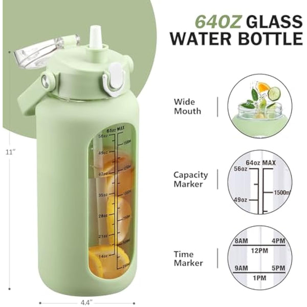 HYDRAGLAZIC 2L Glass Water Bottle with 2 Lids Flip and Chug Lids 2 Liter Large Water Jug with Time Marker and Silicone Sleeve BPA Free Leak-proof for Sports Gym, Light Green