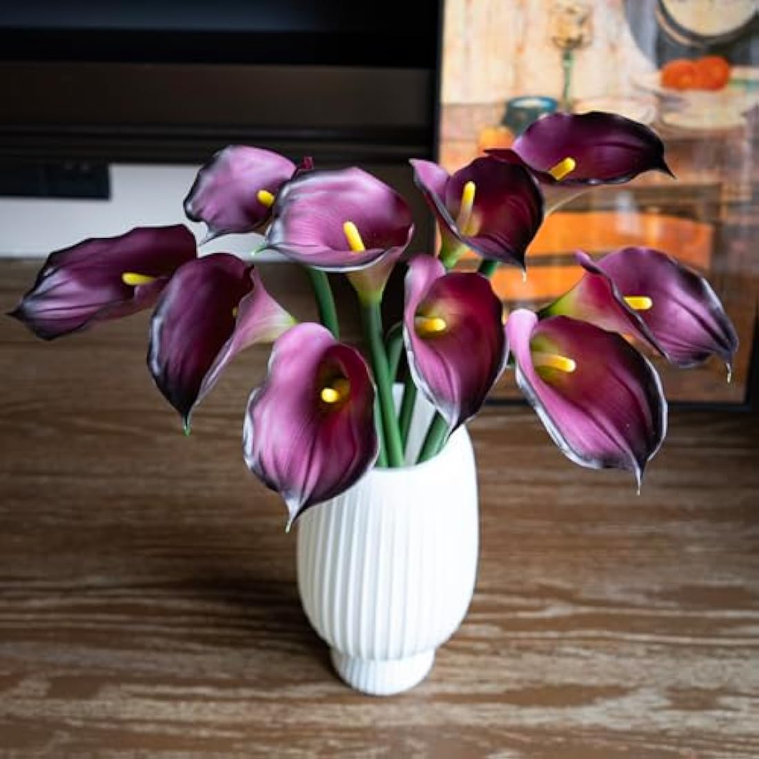 DUYONE 5 Pcs Large Artificial Calla Lily Flowers 25.6'' Long Stem Real Touch Latex Bouquet for Wedding Bridal Bouquet Room Office Party Home Decor Floral Arrangements(Purple 5pcs)