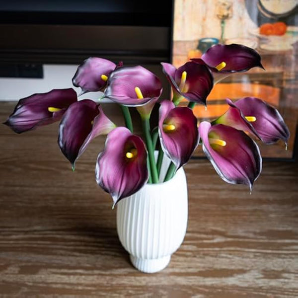 DUYONE 5 Pcs Large Artificial Calla Lily Flowers 25.6'' Long Stem Real Touch Latex Bouquet for Wedding Bridal Bouquet Room Office Party Home Decor Floral Arrangements(Purple 5pcs)