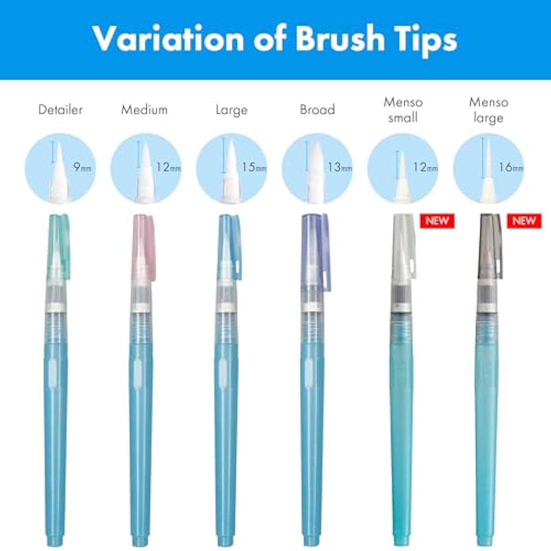 Kuretake Watercolor Brush Pen Long, 6 pcs Set, Water Brush Pen, Fude, Flat, Menso, Flexible tips, Made in Japan (6pcs (Long type)