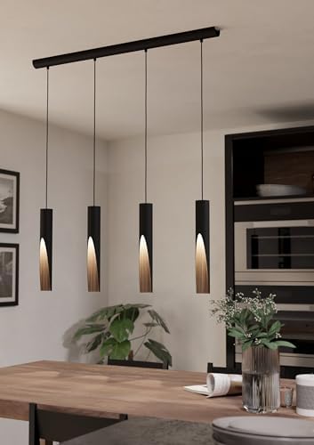 Eglo LED Pendant light Barbotto, 3 lamp ceiling light fitting with indirect lighting, hanging lamp for dining and living room, metal in black and wood effect, GU10 bulb, warm white