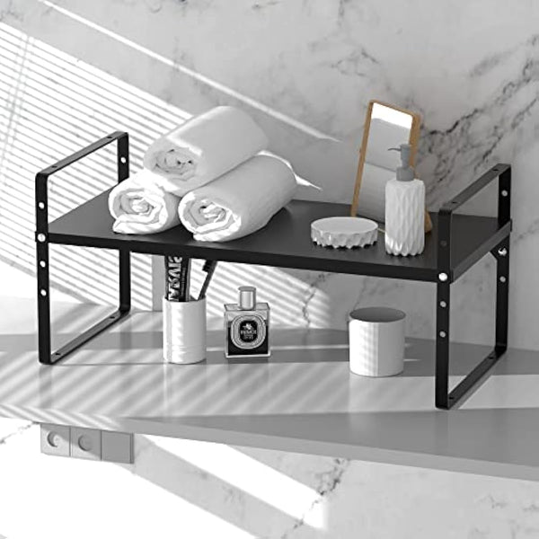 ARCCI Expandable Kitchen Cabinet Shelf Organizers, Stackable Metal Pantry Storage Shelves Rack, Adjustable Counter Spice Shelf for Cabinets, Countertop, Cupboard Organizers and Storage, Black