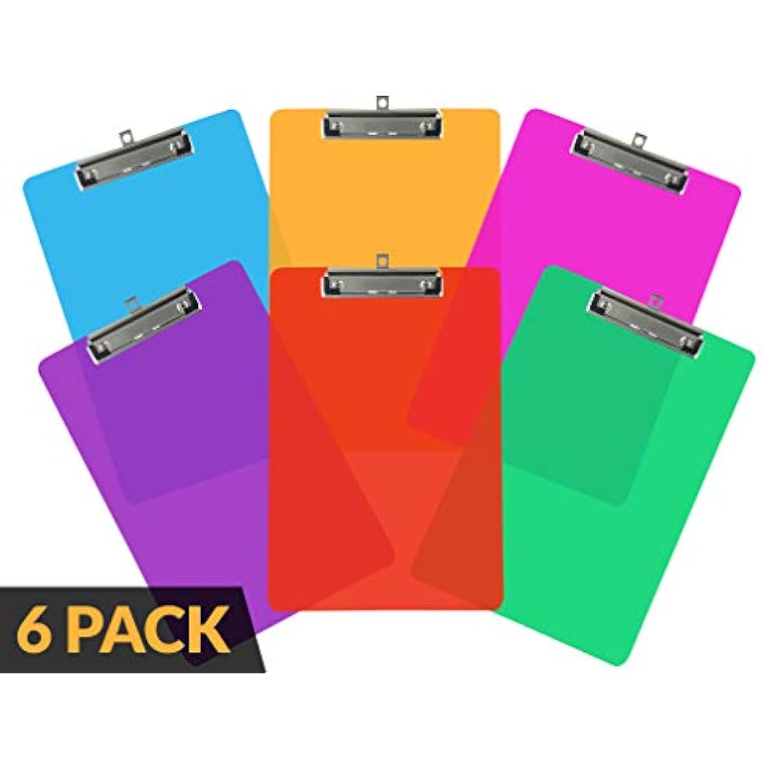 6 Coloured Plastic Clipboards | Strong 12.5 x 9 Inch (A4 Size) Multi Pack Clipboard | Holds 100 Sheets! | Acrylic Clipboards with Low Profile Clip & Heavy Duty Clip Boards | UK Brand