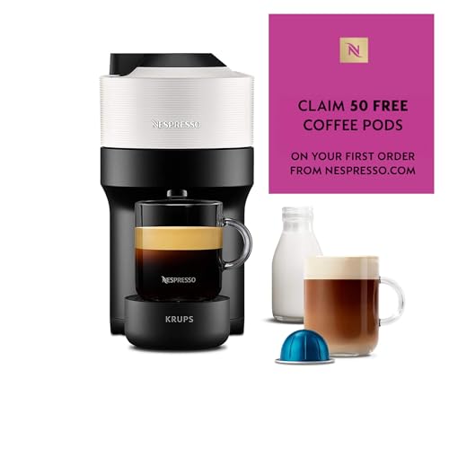 Nespresso Coffee Machine Barista Bundle includes Vertuo Pop White by Krups, Milk Frother, 2x Mugs, 2 x spoons, Melozio coffee pods & Chiaro coffee pods