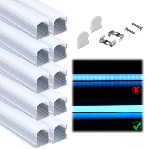 Muzata 10Pack 6.6FT/2M Excellent Spotless LED Aluminium Profile with Thicker Milky White Cover No Hot Spots Silver Deeper LED Strip Diffuser Channel Strip Light Diffuser U108 WW 2M