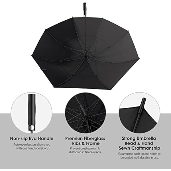 KOLER Golf Umbrella 62 Inch, UV Sun Protection Large Umbrellas Double Vented Canopy Auto Open, Windproof & Rainproof & Sunproof Extra Oversize Golf Stick Umbrella for Men and Women - Black