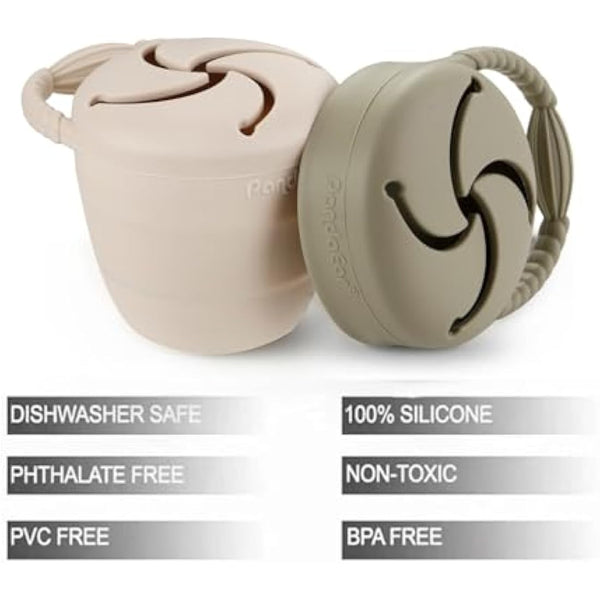 PandaEar 2 Pack Toddler Snack Pots, Collapsible Silicone Baby Snack Pots Cups, Spill Proof Toddler Snack Box Storage Container Food Catcher, Light Tan/Walnut