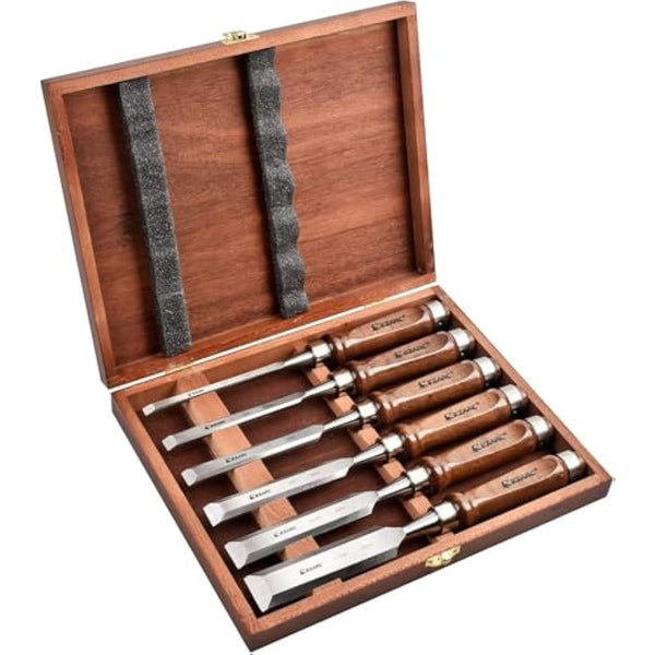 EZARC 6pc Wood Chisel Set for Woodworking - CRV Steel with Ash Wood Handle in Wooden Presentation Box