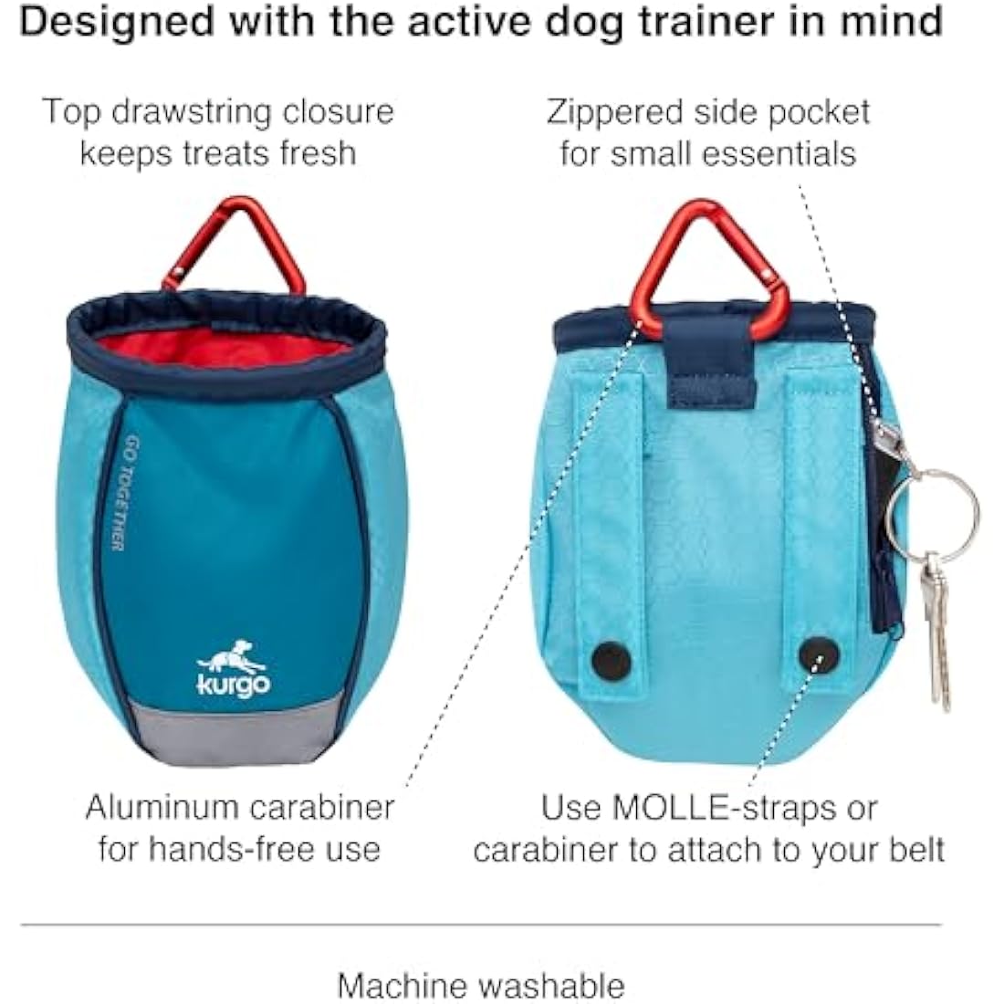 Kurgo Go Stuff It Treat Bag, Hands-Free Training Dog Treat Pouch, Includes Belt Clip and Carabiner, Machine Washable, Coastal Blue