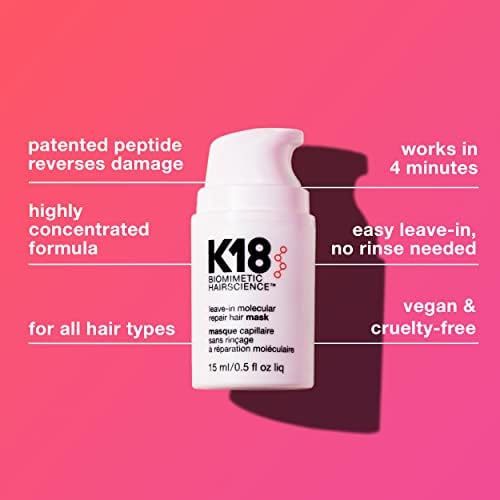 K18 Mini Leave-In Molecular Hair Mask, Repairs Dry or Damaged Hair, Reverse Hair Damage from Bleach, Colour, Chemical Services & Heat, 15ml