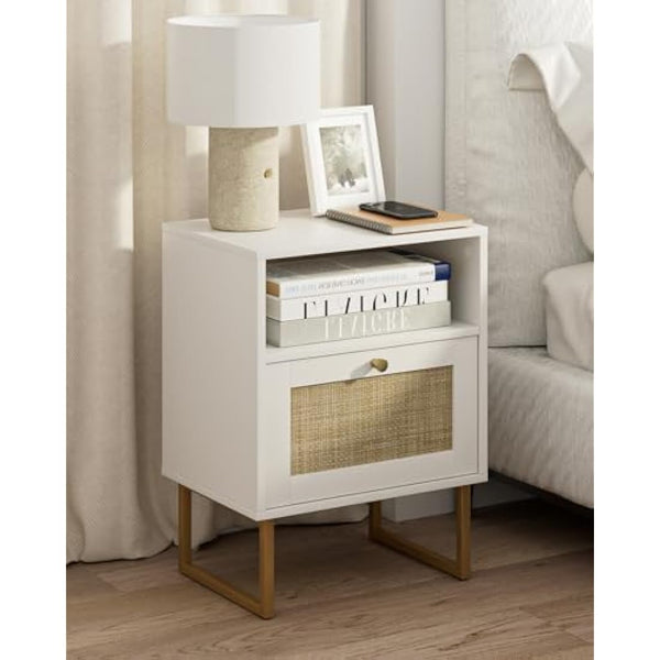 HEYZOEY Rattan Bedside Table,Modern Boho Farmhouse Wood Nightstand with Storage Drawer and Open Shelf,Small Gold Frame Side Table for Bedroom,Living Room,Office(White)
