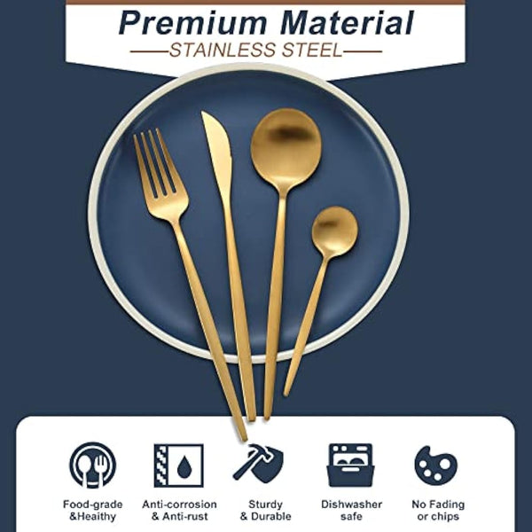 Matte Gold Cutlery Sets 32 Pieces, Bestdin Elegant Stainless Steel Cutlery Set, Kitchen Cutlery Set for 8 People, Suitable for Home/Party/Restaurant, Gold Titanium Coating and Dishwasher Safe