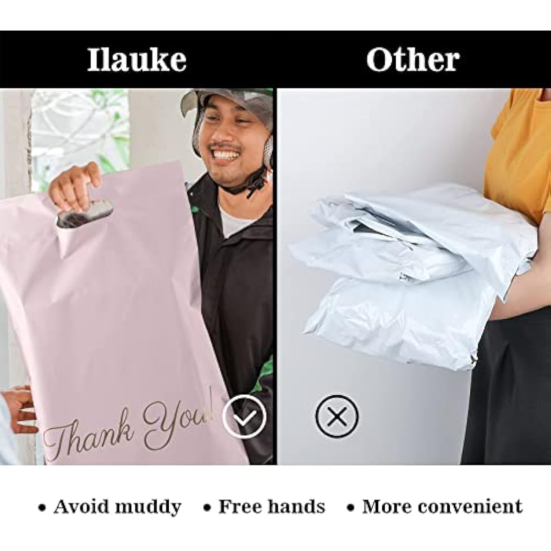 Mailing Bags, 60pcs Rose-Gold Poly Mailers 10x14 Inch(250 x 350mm) with Handle and “Thank You” Self Seal Waterproof Envelope Shipping Bags for Assorted Post Shipping Parcels Package Bags
