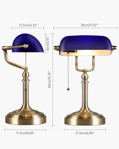 Newrays Blue Glass Bankers Desk Lamp with Pull Chain Switch Plug in Fixture for Home Office,Library