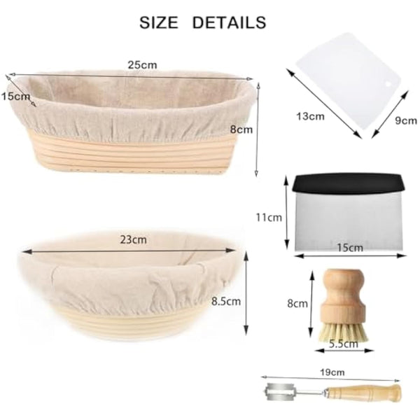 JETAINE Bread Proofing Basket Starter kit, 9Inch Round+10Inch Oval Banneton Proving Basket, Sourdough Bread Making Accessories with Liner+Bread Lame+Dough Scraper+Bamboo Brush, Baking Gifts for Baker