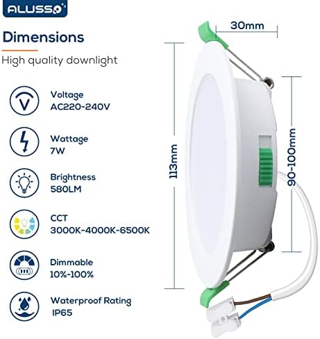 ALUSSO 7W LED Recessed Ceiling Lights IP65 Bathroom Downlights, Dimmable Ultra Slim 30mm LED Spot Lights, Warm White/Neutral White/Cool White Adjustable Round Ceiling Spot, Φ90-100mm Hole, 6 Pack