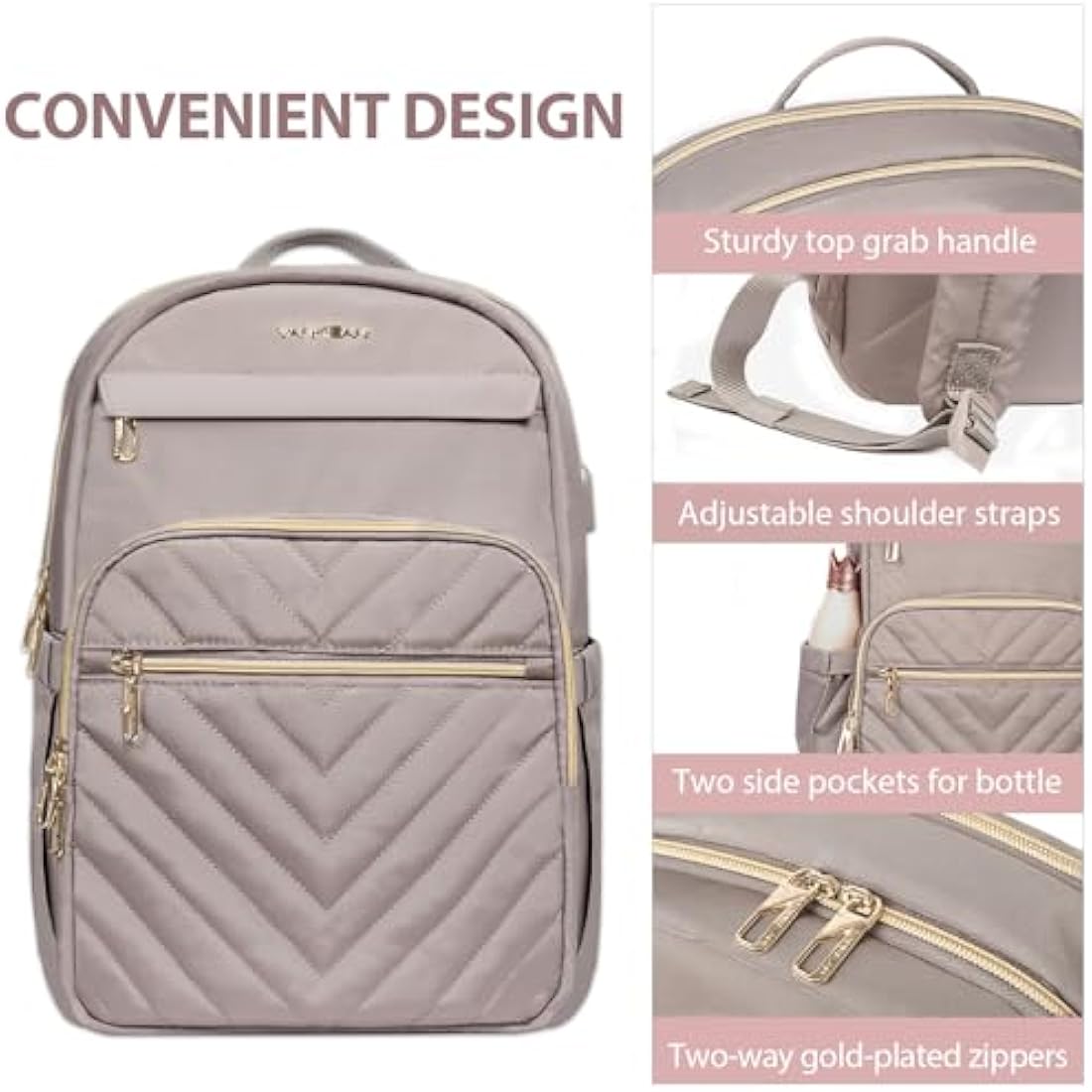 VANKEAN 15.6 Inch Laptop Backpack for Women Work Laptop Bag Fashion with USB Port, Waterproof Purse Backpacks Teacher Nurse Stylish Travel Bags Casual Daypacks for College, Business, Pink