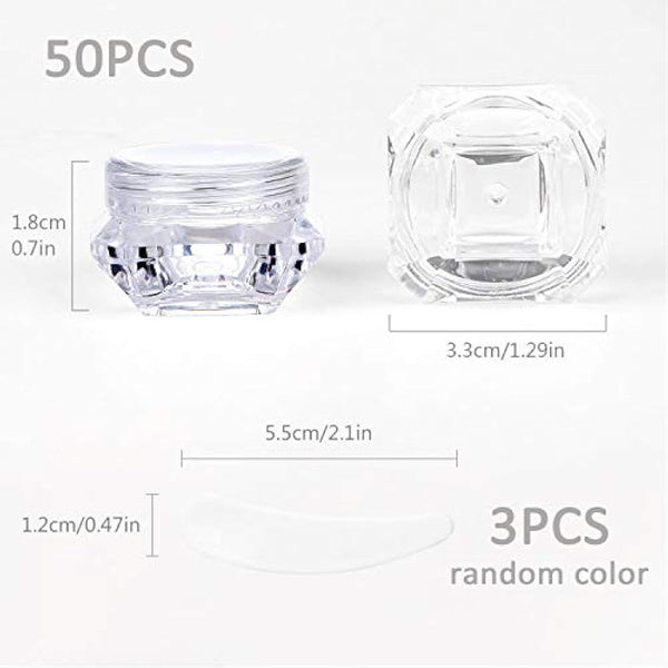 50 Pcs 5g Empty Cosmetics Container Pots Transparent Travel Plastic Jars Diamond Shape with Clear Screw Lids for Cream, Sample, Powder, Makeup Storage, Includes 3 Pack Mini Spatula by Yalbdopo