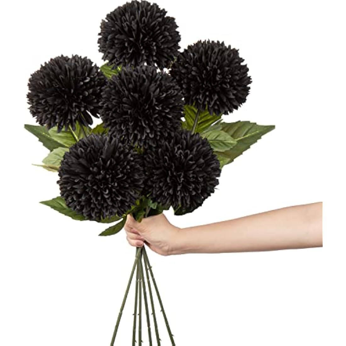 4'' Large Artificial Chrysanthemum Flowers with 24.7'' Long Stem, 6 pcs Black Fake Silk Flowers Faux Ball Flowers for Home Decor, Bridal, Wedding, Party, Garden, Floral Arrangement