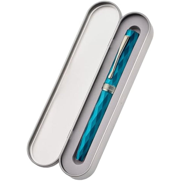 HONG DIAN N11 Fountain Pen, Titanium-Coated Black Fine Soft Nib, Peacock Blue & Lozenge Geometric Design with Metal Case Set