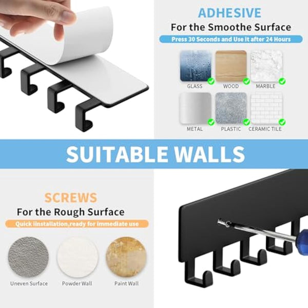 GTK Key Holder for Wall, Key Hooks with 10 Hooks, Wall Mounted Key Holder for Hallway, Self Adhesive Key Rack(Black)