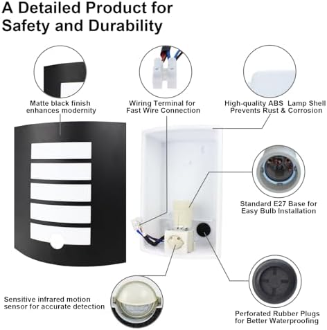 Wondlumi Outdoor Wall Lights Mains Powered 240V PIR Motion Sensor Curved Outside Wall Light Black IP44 Waterproof for Front Door, Incl. 12W LED E27 Bulbs Warm White