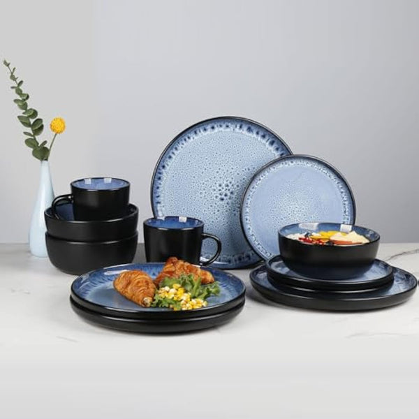 Greentainer Handmade Stoneware Dinnerware Set, Ocean Blue Dinner Set, 16-Piece Dinner Service Set with Dinner Plate, Dessert Plate, Bowl and Mug, Dishwasher & Microwave Safe, Service for 4