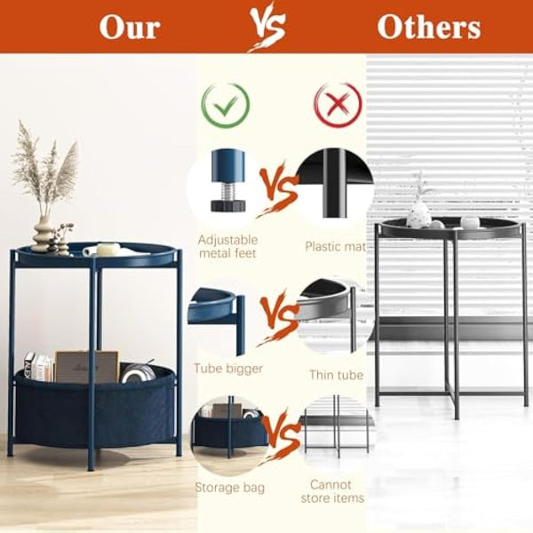 Huhote Side Table, Round End Table with Fabric Basket, Small Bedside Table, Nightstand Sofa Table for Living Room, Bedroom, Bathroom, Balcony, Modern Style (Blue)