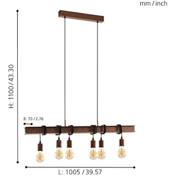Eglo Townshend 6-flame vintage/industrial design pendant lamp, retro steel and antique brown hanging light, E27 socket