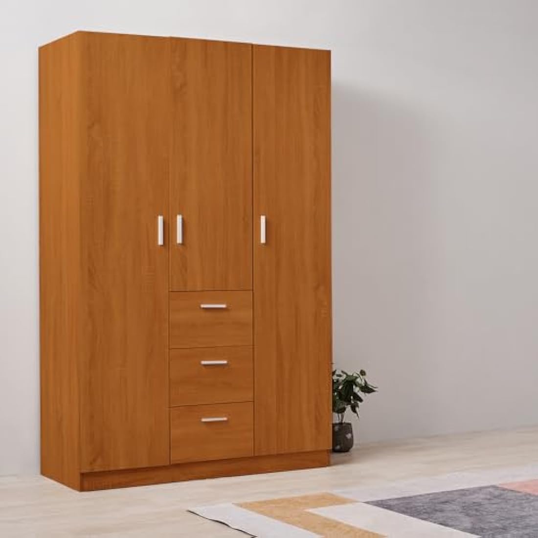 3 Door 3 Drawer Wardrobe, Modern Solid Pine Wood Wardrobe with Hanging Rail Living Bedroom Furniture (Oak)