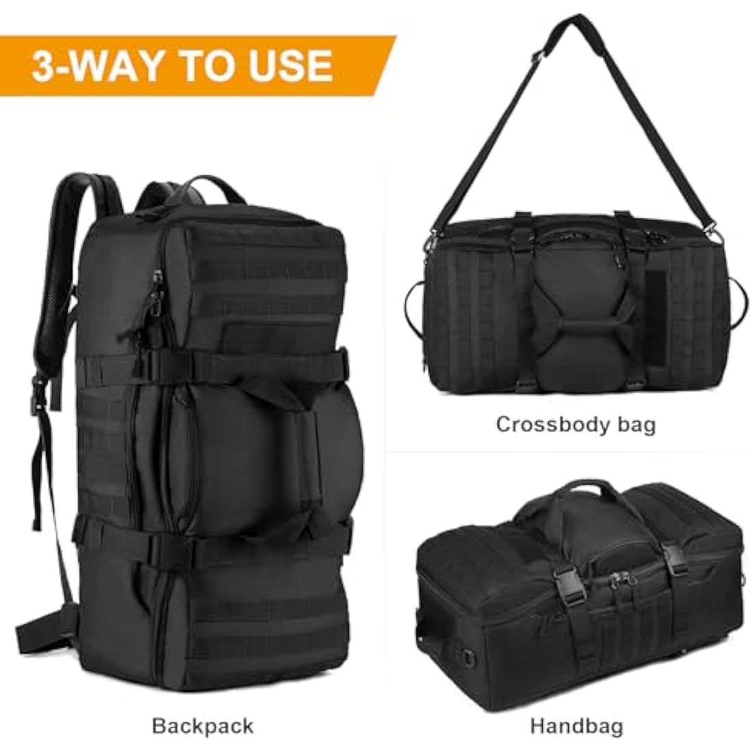 Huntvp 50L/60L Tactical Backpack, Military Backpack 3 in 1 Large Molle Backpacks, Travel Rucksack Hiking Luggage Handbag Crossbody Bag for Men Women Outdoors Hiking Hunting Travelling Camping Trekking