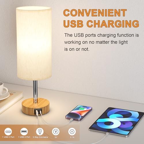 Aooshine Bedside Lamps Set of 2 Touch Table Lamps with USB-C USB-A Charging Ports, 3 Way Dimmable Bedside Lamp for Bedrooms, Small Touch Lamps for Living Room (Bulb Included)