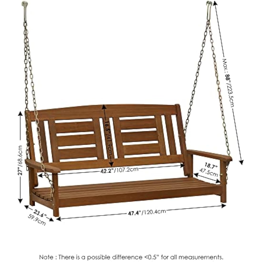 Furinno Tioman Hardwood Hanging Porch Swing with Chain, Natural