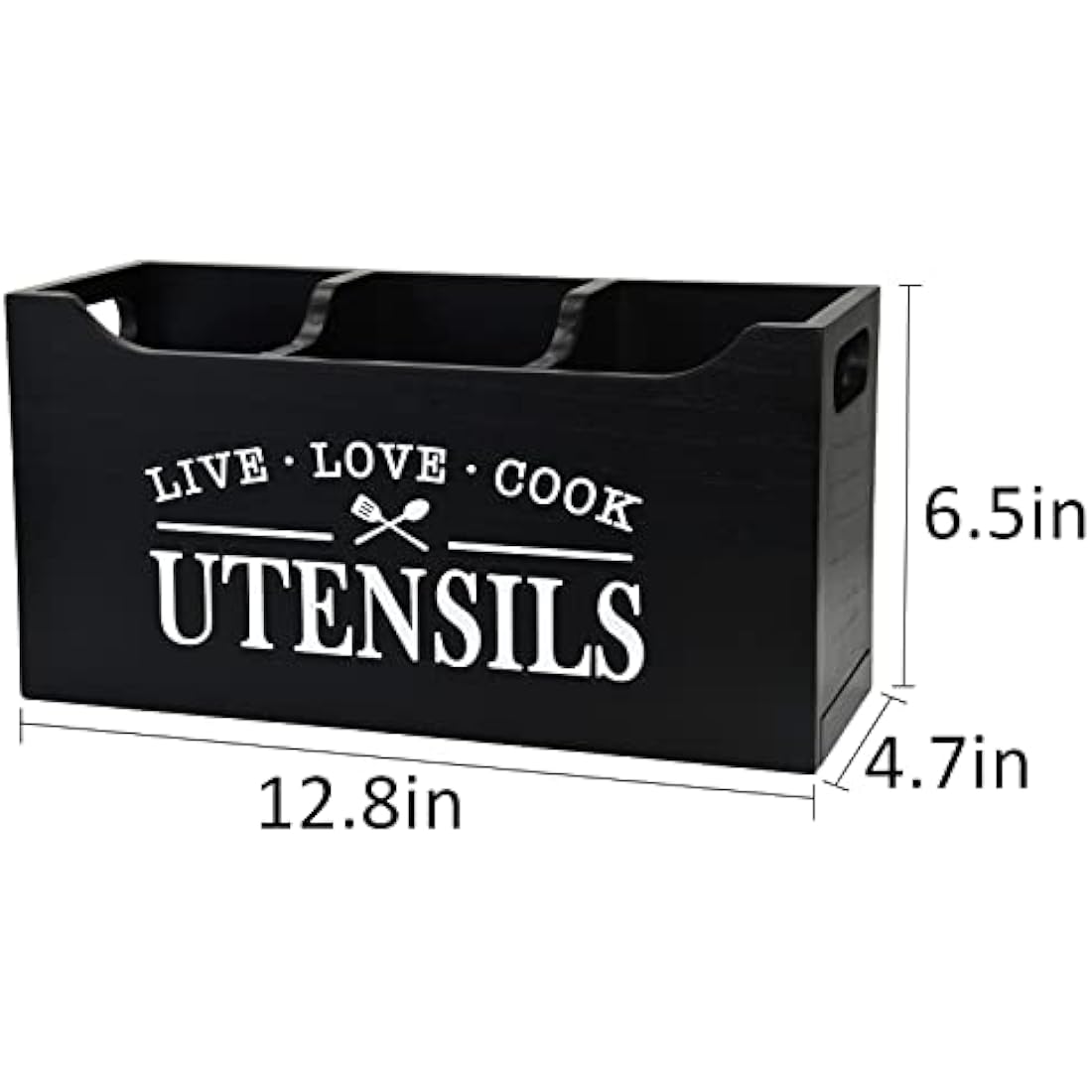 Karisky Kitchen Utensil Holder with Drainage Bottom, Large 3 Compartments Solid Real Wood Utensil Organizer for Kitchen Counter, Farmhouse Cooking Tools Storage for Countertop, Black