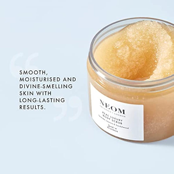 NEOM- Real Luxury Body Scrub | Luxury Body Scrub | Lavender & Sandalwood | 100% Natural Fragrance | Scent to De-Stress | Organic | Vegan | Hydrating