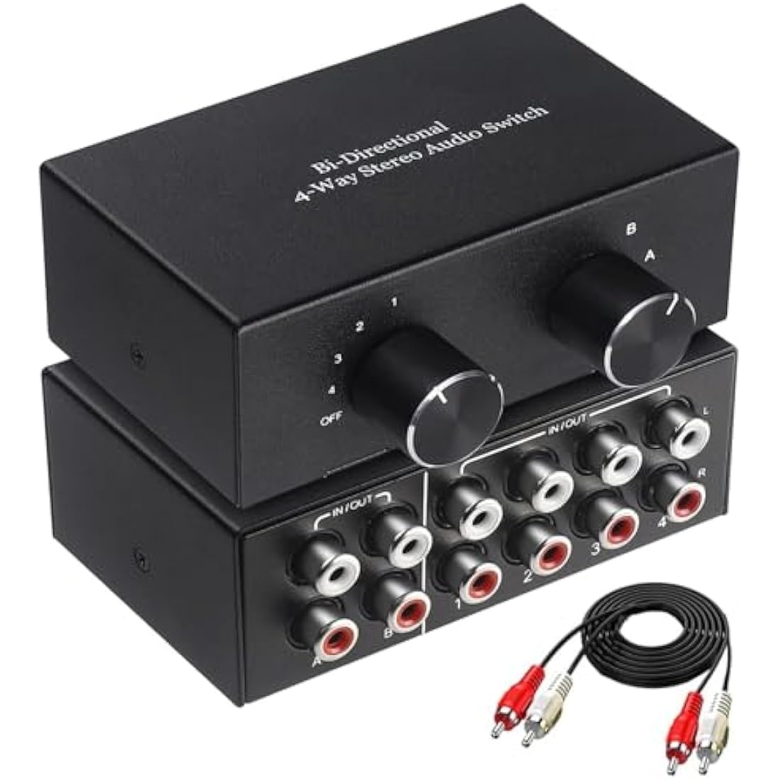 UNSTINCER RCA L/R Audio Switch 4(2) in-2(4) out, Bidirectional Noiseless hifi Stereo Audio Splitter Box, Analogue Aux Line Selector for Headphone Game Console Soundbar TV Speaker Turntalbe, Metal