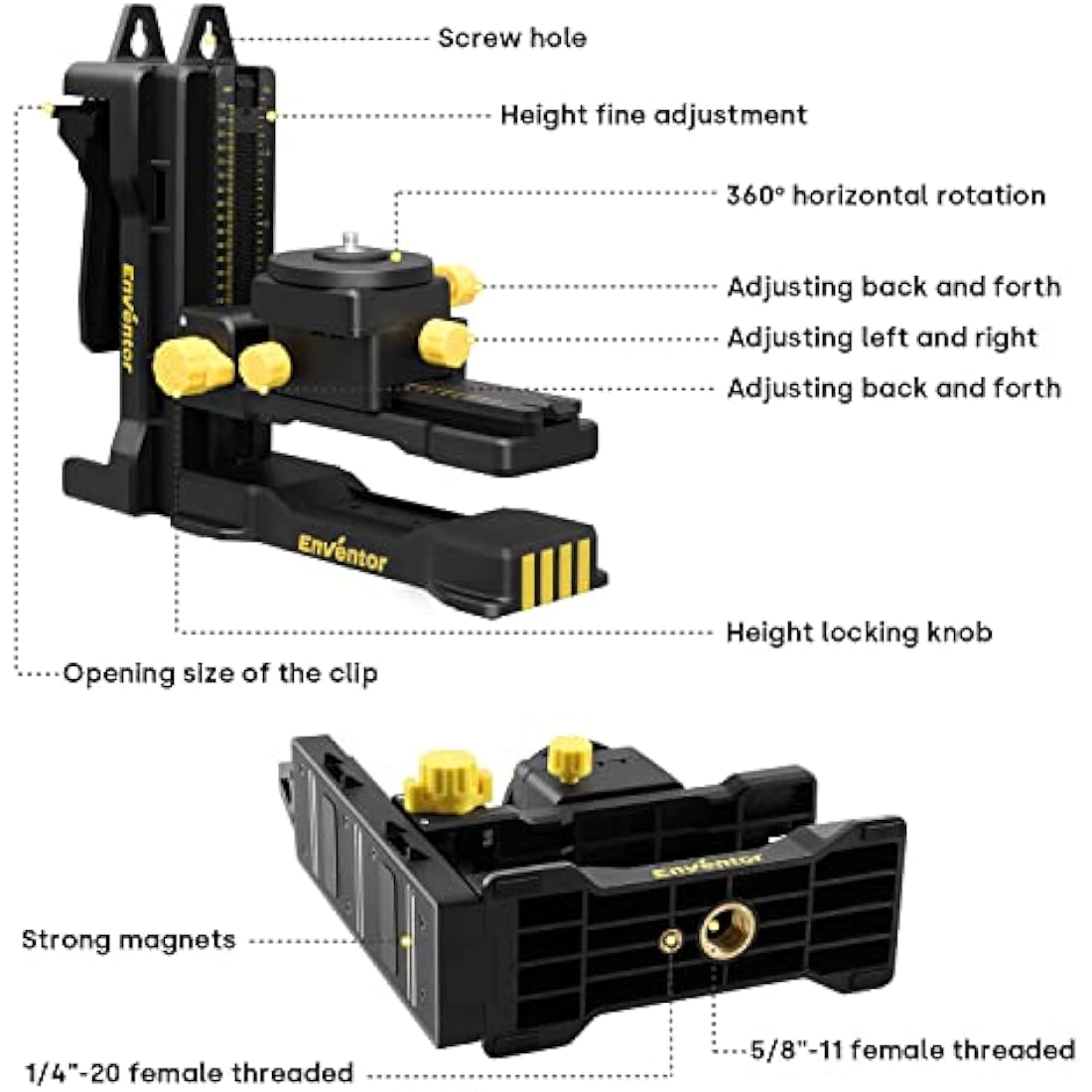 Enventor L-Shape Magnetic Bracket Base for Laser Level, 1/4''-20 Threaded Laser Level Tripod Stand with Adjustable Clamp, 360° Horizaontal Ratation, Left and Right, Front and Rear, Height Fine-Tuning