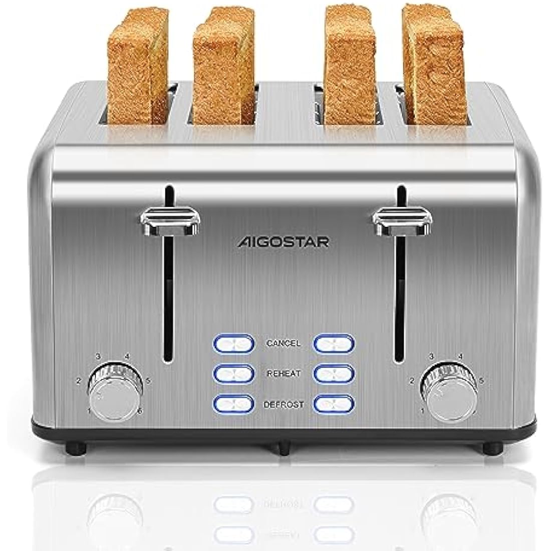 Aigostar Toaster 4 Slice Stainless Steel Toaster with Independent and Extra-Wide Slots, High Lifting, Defrost & Reheat Functions, Variable Browning Settings, Silver - Gordon 30ZGE