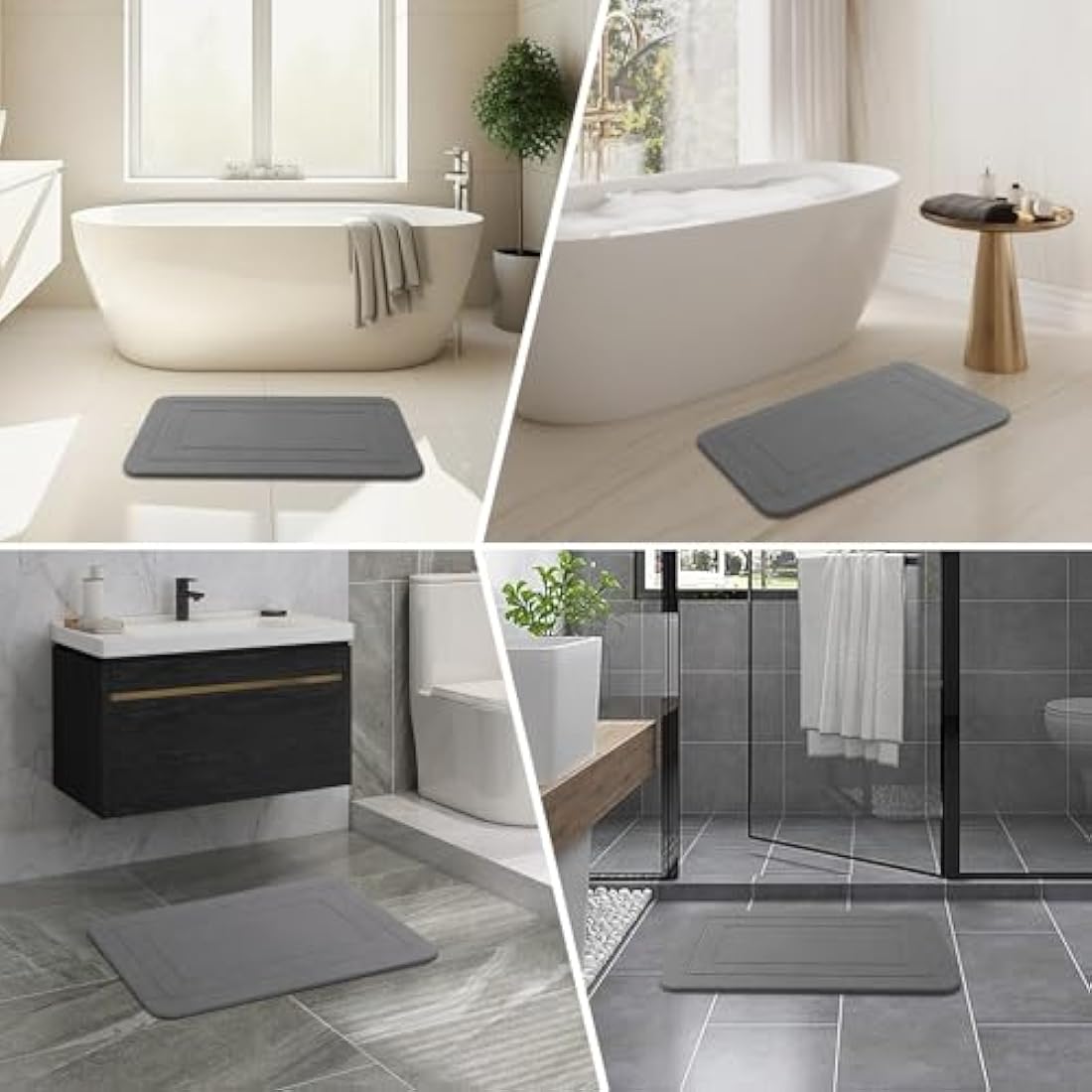 HUMIGA 2 Pack Stone Bath Mat, Diatomaceous Earth Shower Mat, Non-Slip Super Absorbent Quick Drying Bathroom Kitchen Floor Mat (Grey, 24x15)