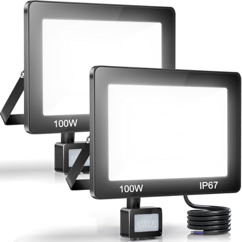 YIQIBRO 100W PIR Security Lights Outdoor Motion Sensor 2 Pack, 10000LM LED Floodlight with PIR, IP67 Waterproof Flood Lights Motion Sensor for Garden, Garage, Patio, Yard